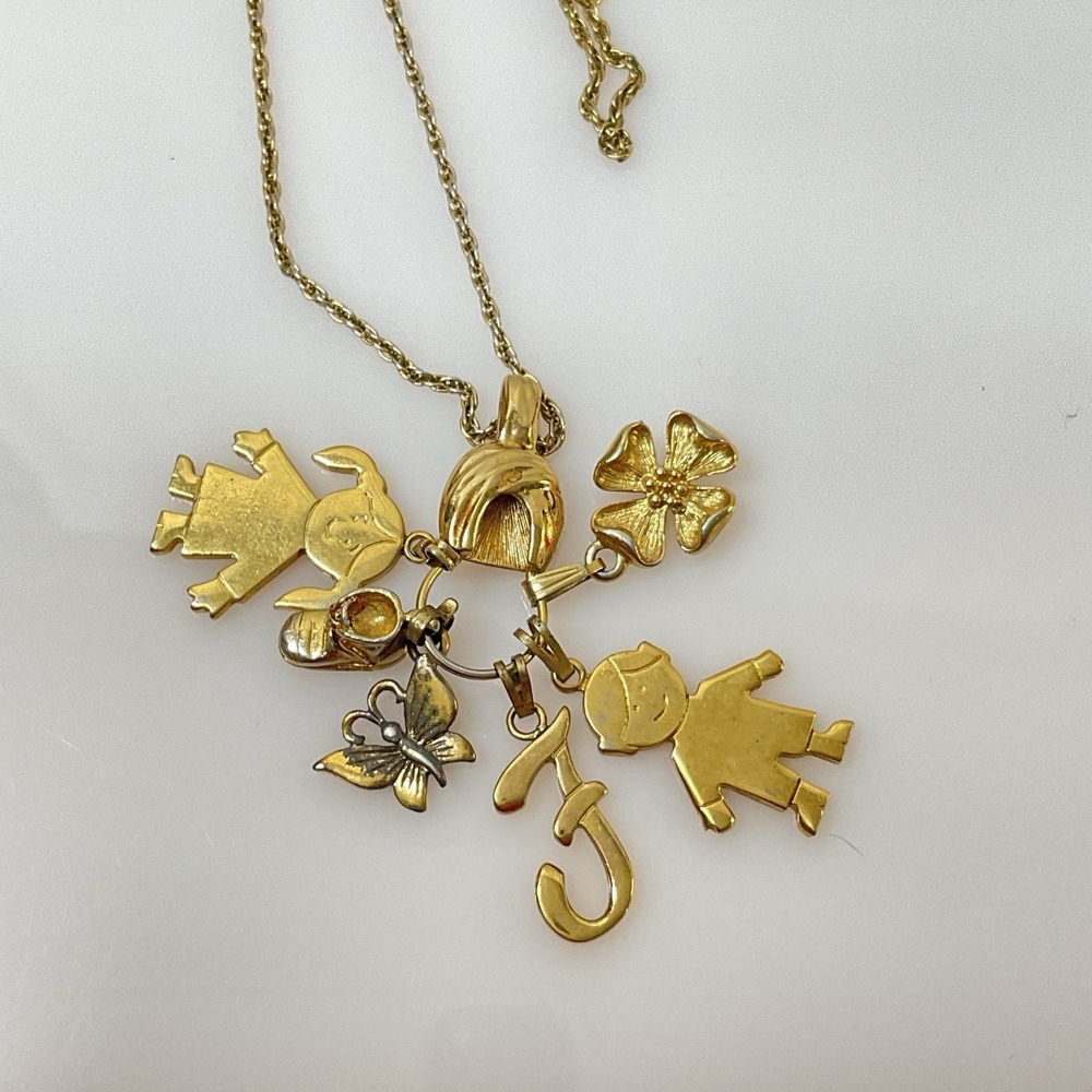 Monet Charm Necklace 30" Gold Tone Rope Chain 6 Charms boy, girl, flower F